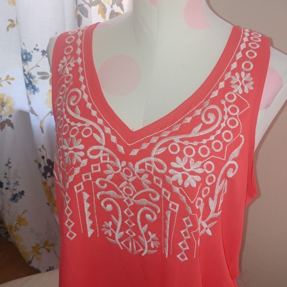 Xhilartion | summer neon vacation V neck zip back coral embroidered top XL - Picture 3 of 8